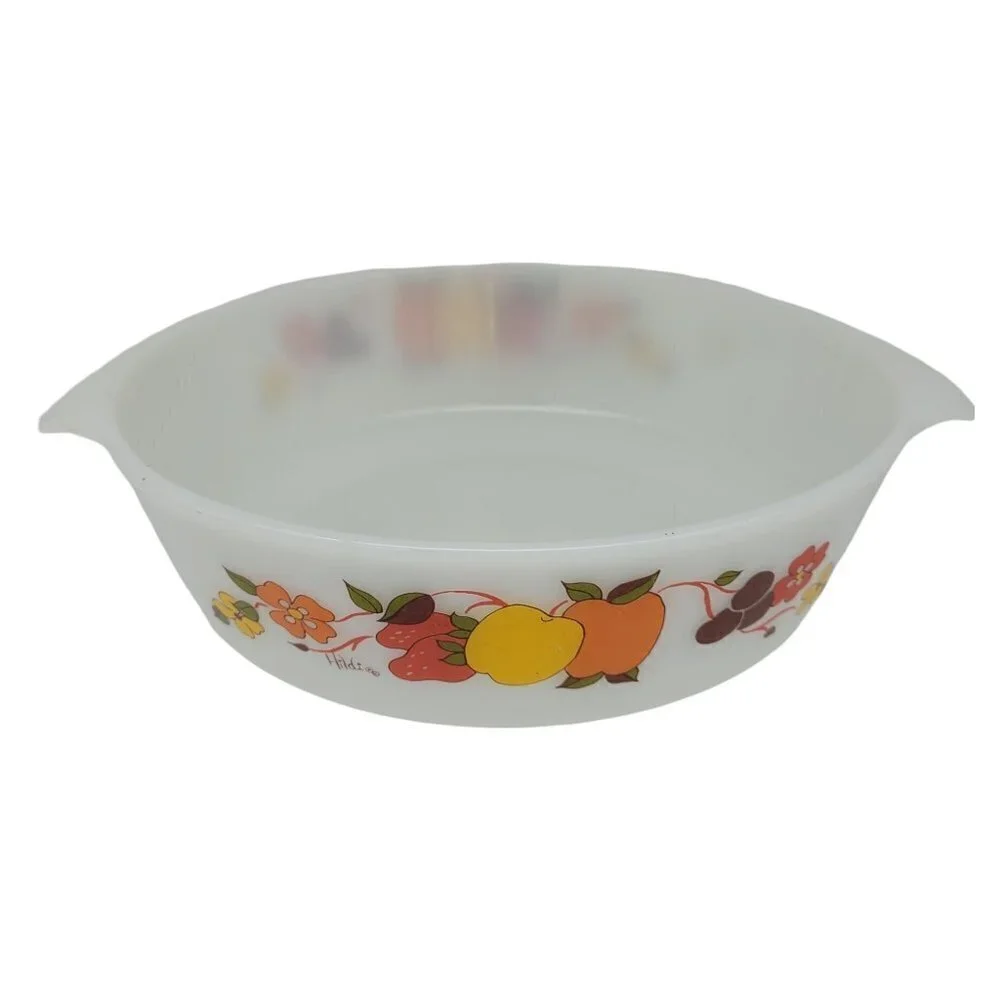 Vintage Anchor Hocking 2 Quart Round Casserole Dish Hildi Fruit Design EUC